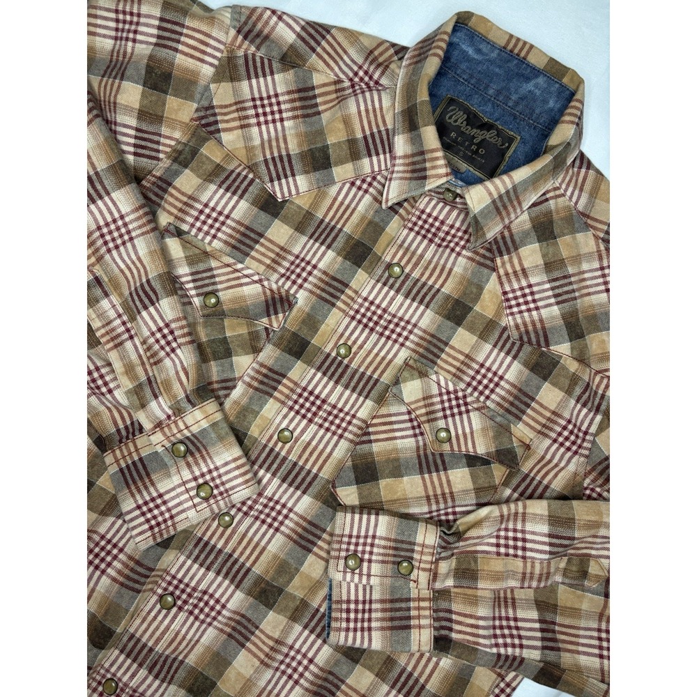 Wrangler Retro Brown Pearl Snap‎ Plaid Long Sleeve Button Up Shirt Small Western